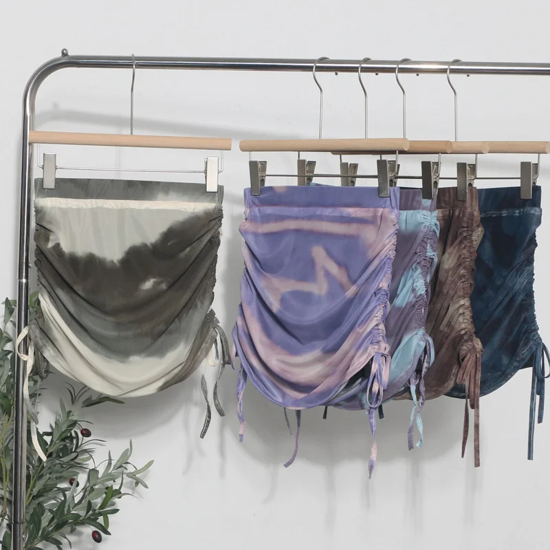 Uveng Solid Shot Tie-Dye Printing Net Yarn Rope With Folded Bag Hips Babes Short Skirt Anti-Light Repair Body Skirt 9919