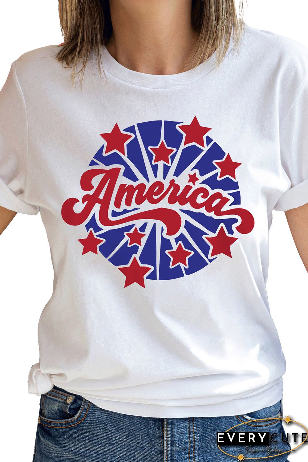 White America Stars Pattern Print Short Sleeve Graphic Tee