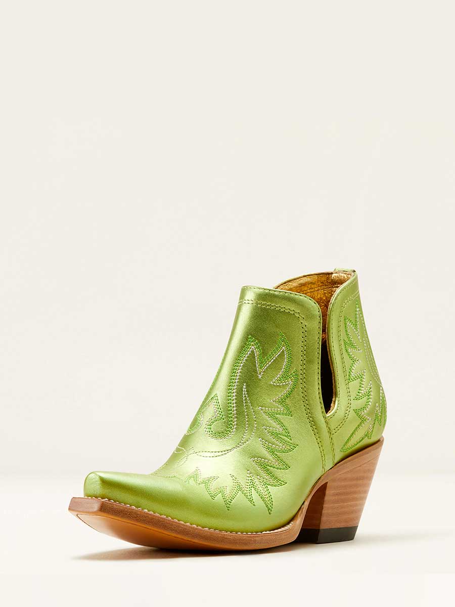 Metallic Green Vegan Leather Snip Toe Embroidered Cowgirl Ankle Boots With Chunky Heels