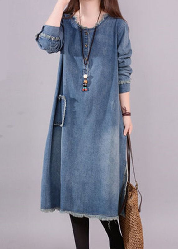 Art Blue O-Neck Pockets Button Denim Fall Long sleeve Dress CK060- Fabulory