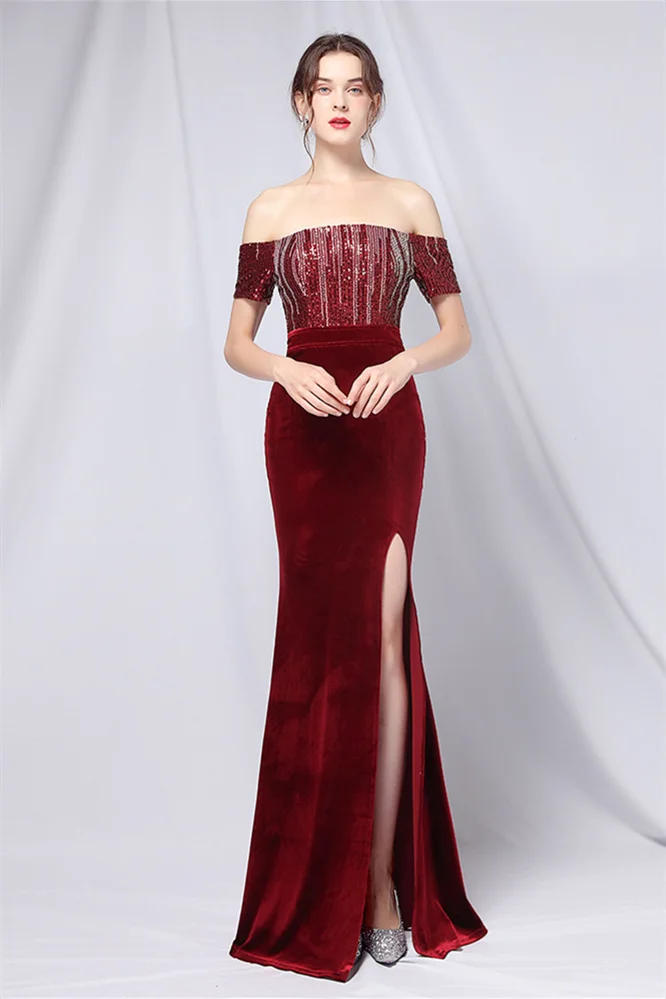 Luluslly Off-the-Shoulder Sequins Mermaid Evening Dress Long Split Velvet YE0056