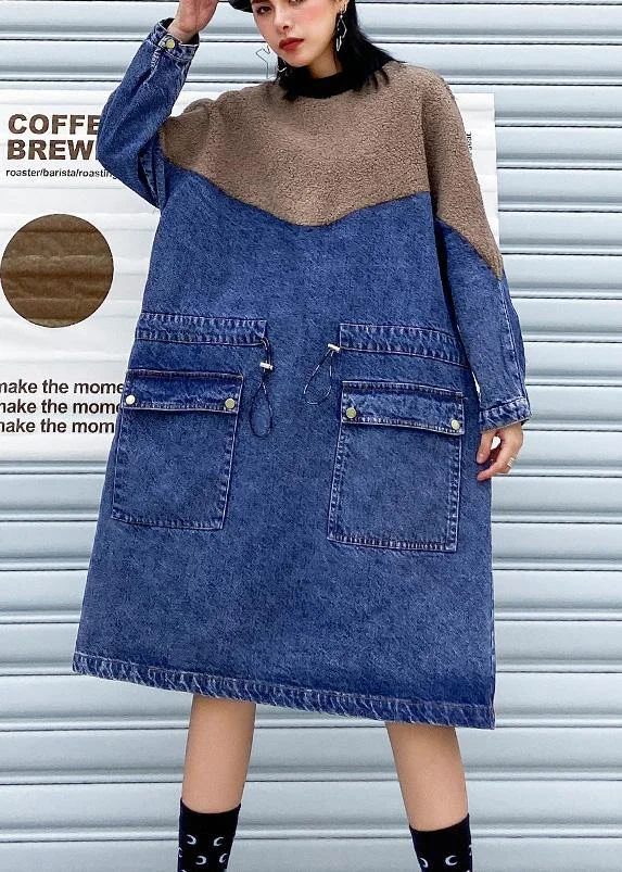 Vivid Denim Blue Clothes Women Patchwork Drawstring Robe  Dresses