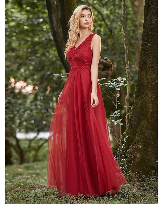 Women's A-Line Dress Maxi long Dress Sleeveless Solid Color Lace Fall Spring Hot Elegant Formal Red S M L XL XXL 3XL 4XL - VSMEE