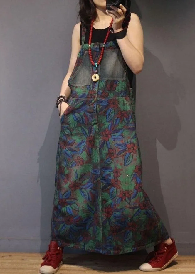 Chic Print Pockets High Waist Denim Straps Dress Sleeveless