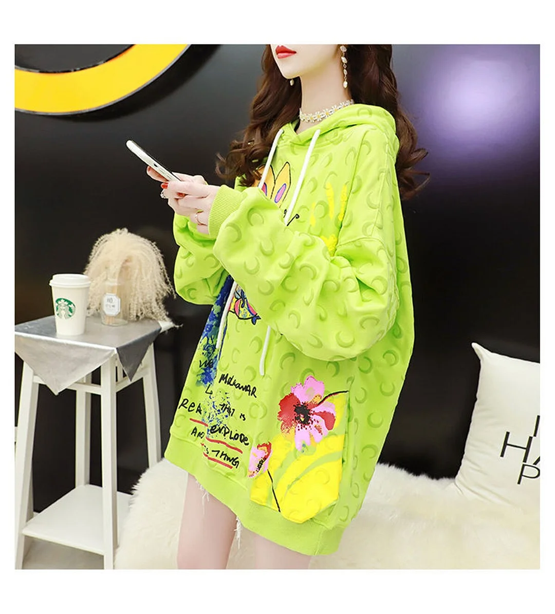 Lourdasprec Fashion Green Bee Print Hoodie Women Loose Tops Gothic Autumn Long Sleeve Casual High Street Pullover Hoodie Streetwear Males