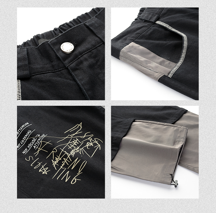 stitching graphic jeans fearturing panelled block color and fabric stitching design, top stitching pockets, subtle printed grafitti patterns, a button and a zip fly, a loose fit and a drawstring cuffs.