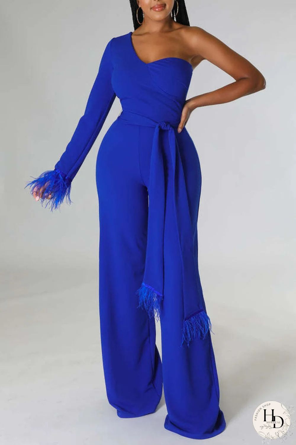 Black Casual Solid Bandage Patchwork Feathers Asymmetrical Collar Regular Jumpsuits