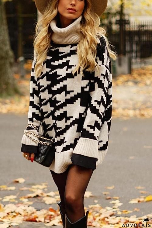 Houndstooth High Collar Sweater