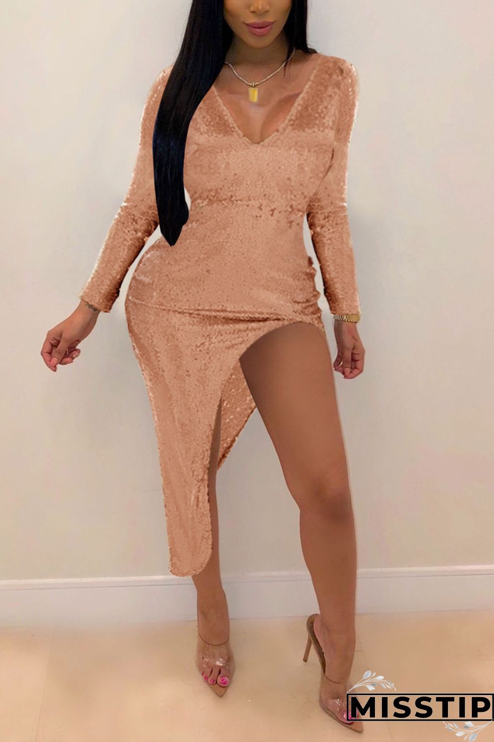 Pink Fashion Sexy Solid Sequins Patchwork V Neck Irregular Dress