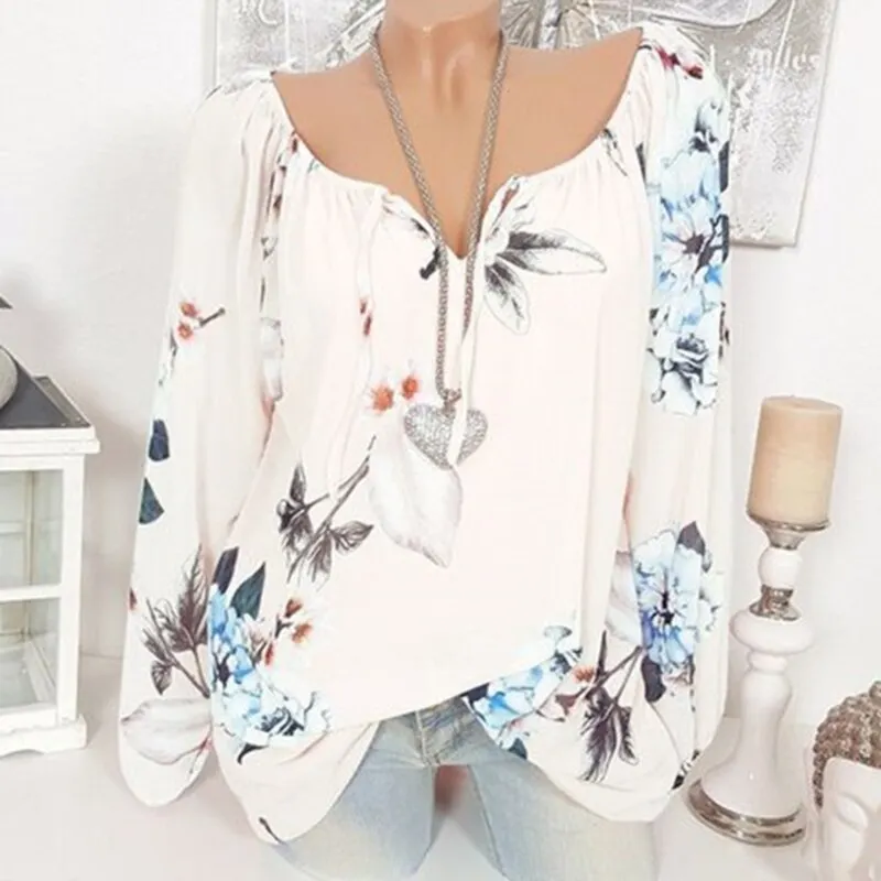 Fashion Floral Print Women Blouse Trendy Long Sleeve Blouse Tops Lace Up Plus Size Off Shoulder Shirts