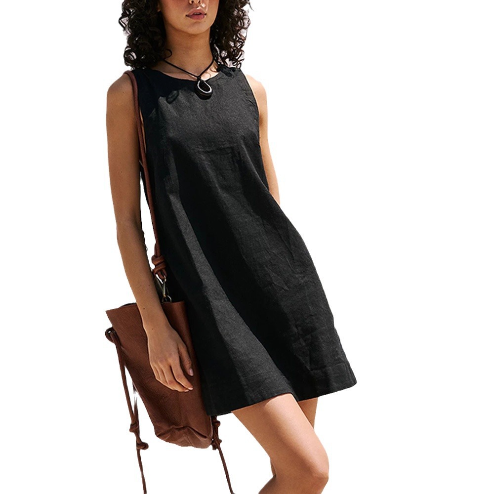 Mature Women Casual Summer Cotton Linen Vest Backless Solid Color Mini Dress