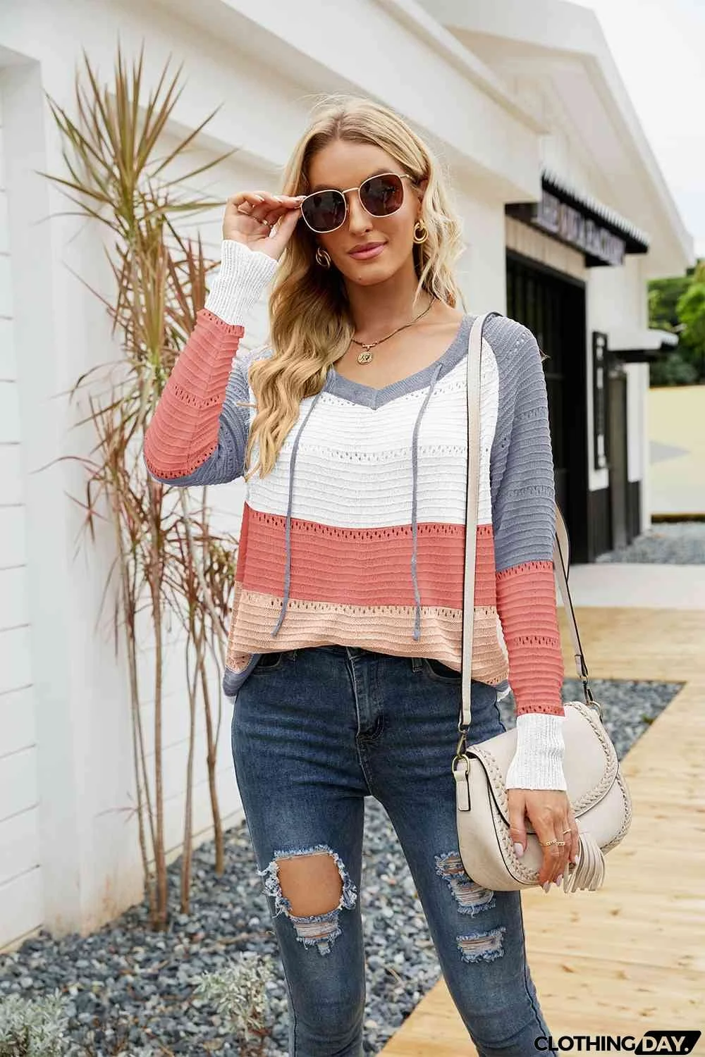 Color Block Drawstring Hooded Sweater
