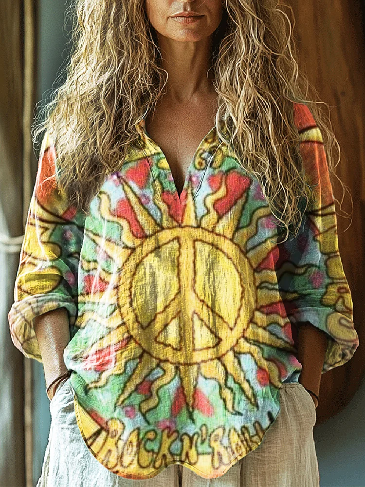 Women's Hippie Art Print Casual Linen V-neck Shirt