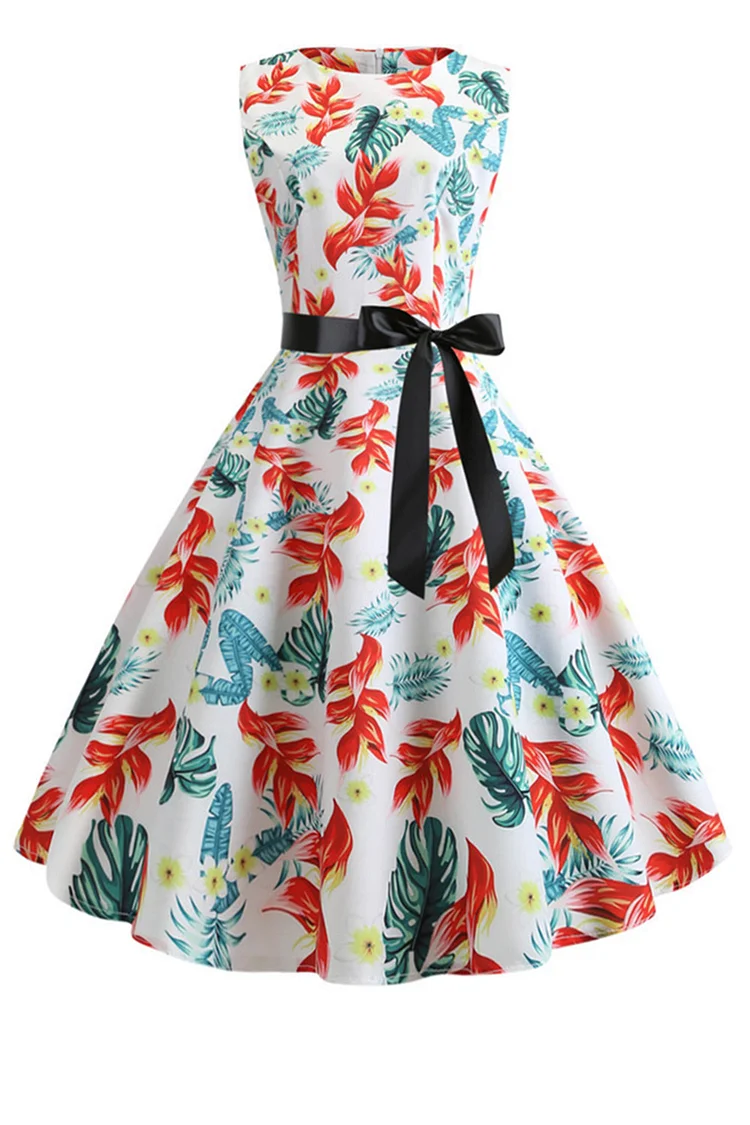 1950s White Casual Floral Print Swing Midi Dress (With Belt)