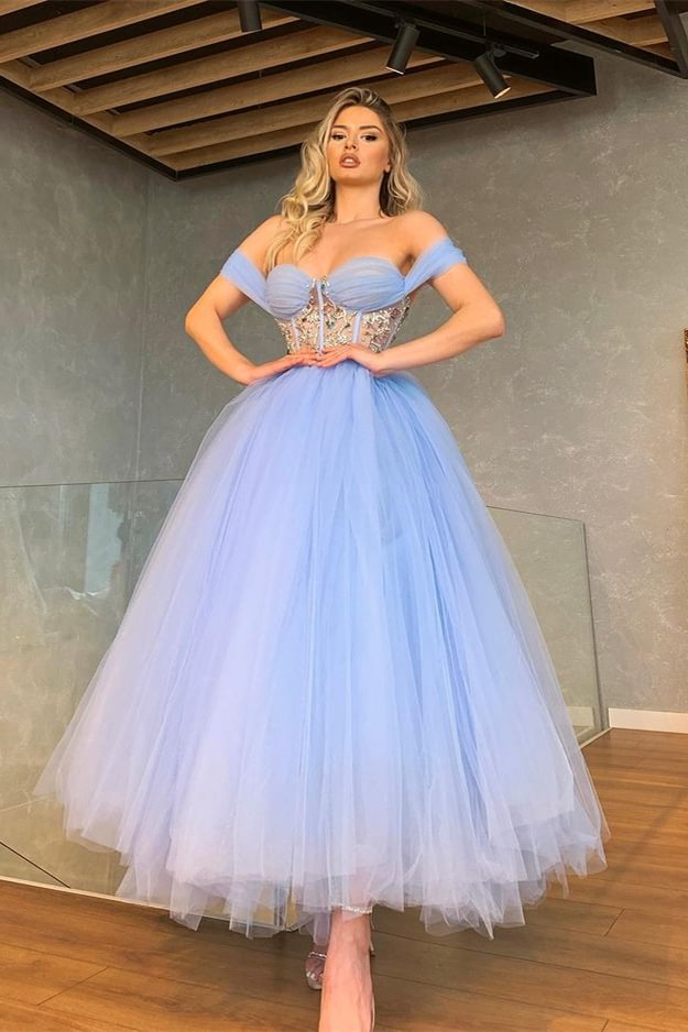 Bellasprom Tulle Sweetheart Prom Dress Off-the-Shoulder Long With Crystal