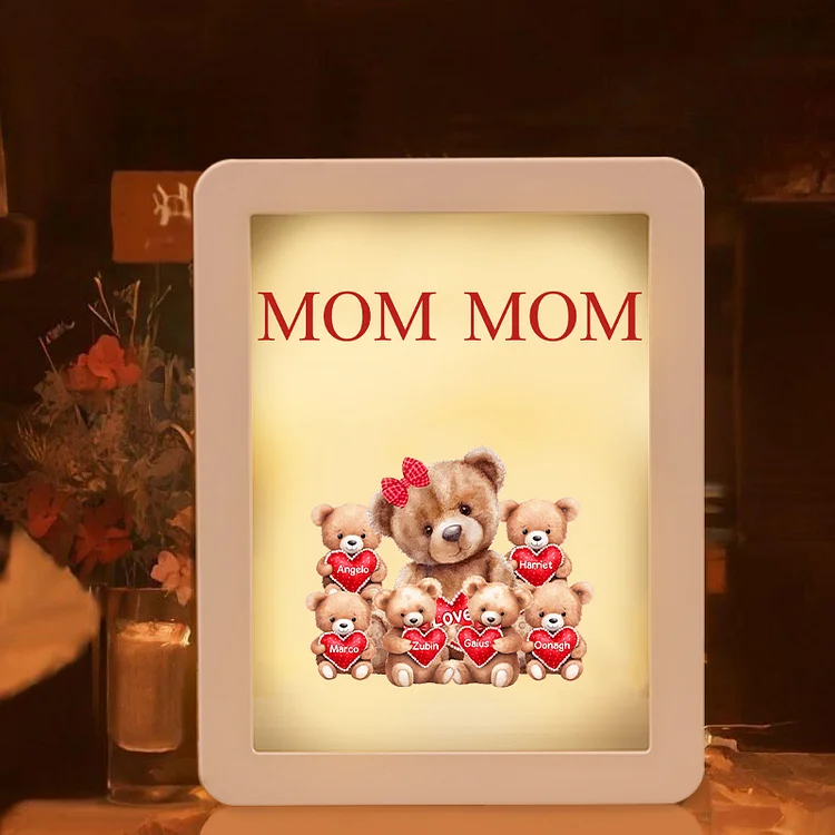 Personalized Night Light Mirror Frame Custom 1 Text & 6 Names Teddy Bear Family LED Lamp Gift for Grandma/Mother