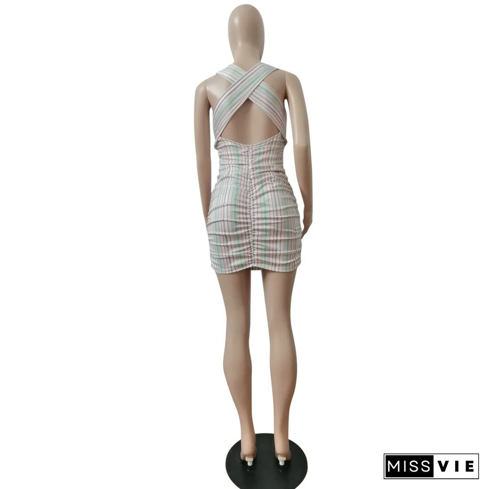 New Fashion Deep V-Neck Striped Women Sexy Sleeveless Stretch Bodycon Mini Dress