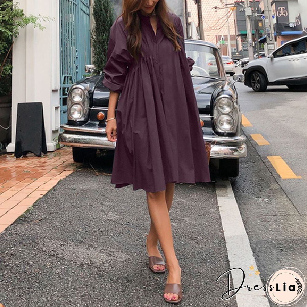 ZANZEA Women Long Sleeve Plus Size V-Neck Loose Short Dresses Baggy Mini Blouse Dress