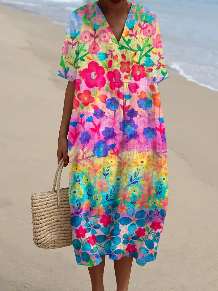 Bohemian Floral Art Print V Neck Midi Dress