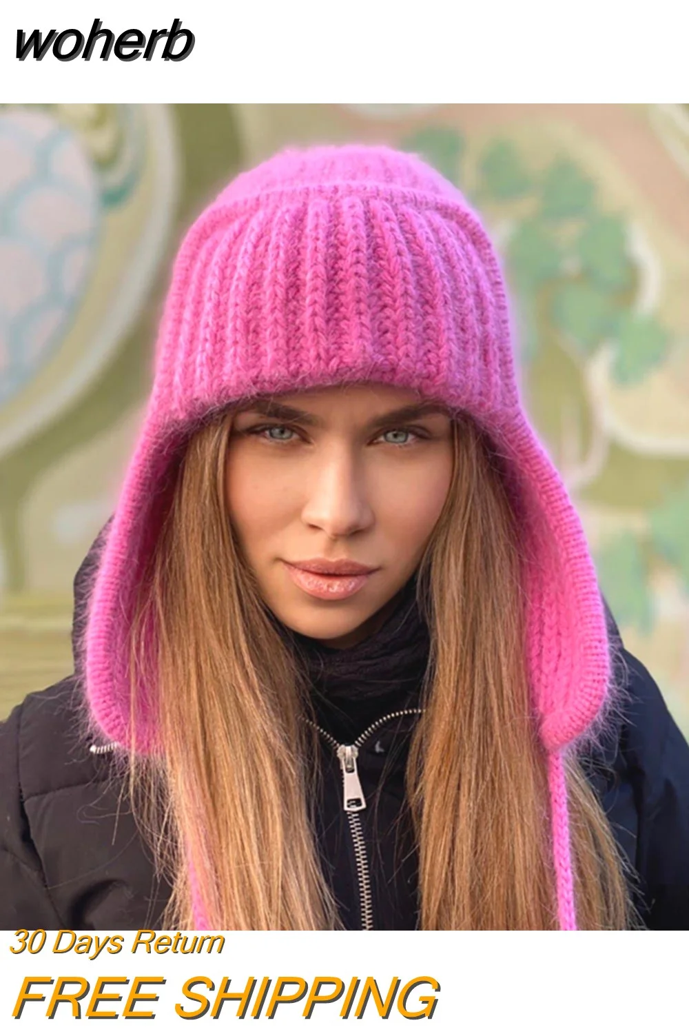 woherb Autumn Winter Knitted Bomber Hats Women Leisure Style Flanging Tie Up Ear Protection Windproof Warm Cap Y2k Fashion