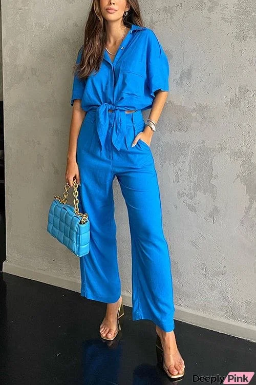 Button Kont Shirt Wide Leg Pants Set