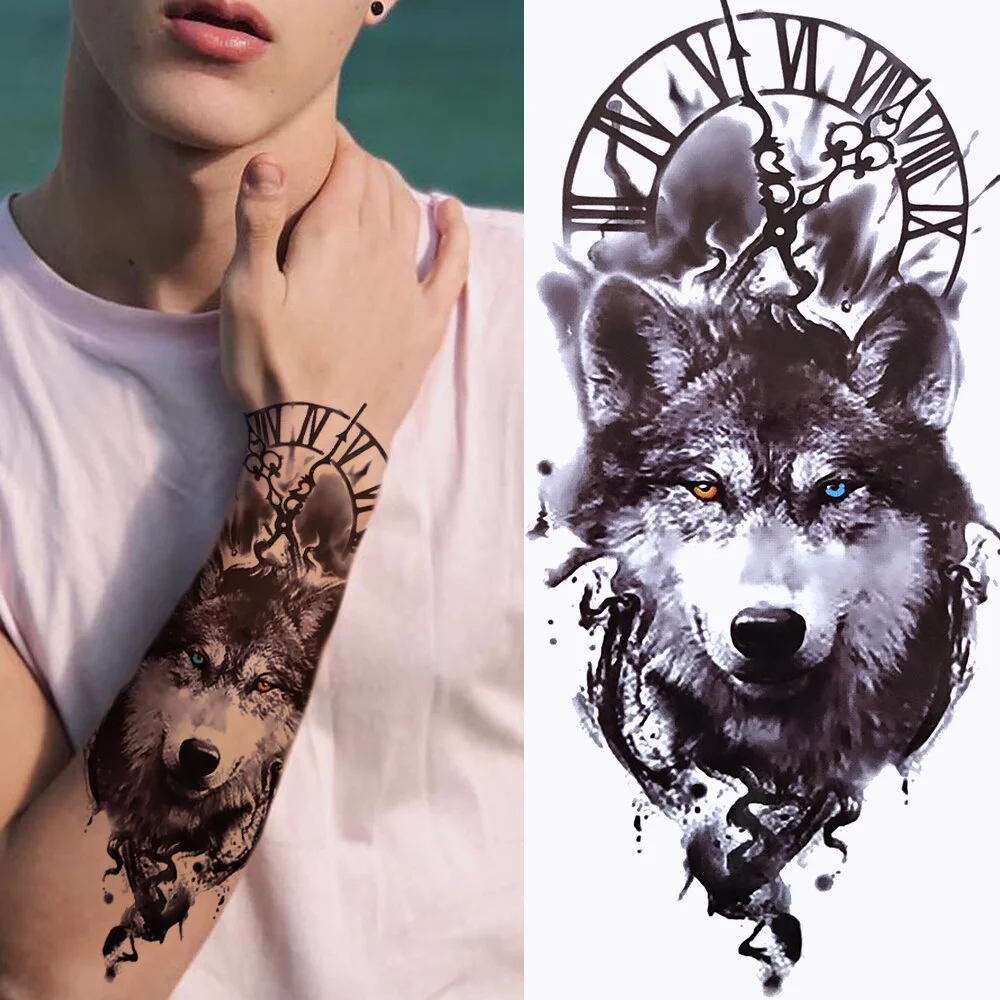 Sdrawing Wolf Forest Tattoo Sticker For Men Women Children Tiger Death Skull Temporary Tatoo Fake Lion Skeleton King Animal Tattoo