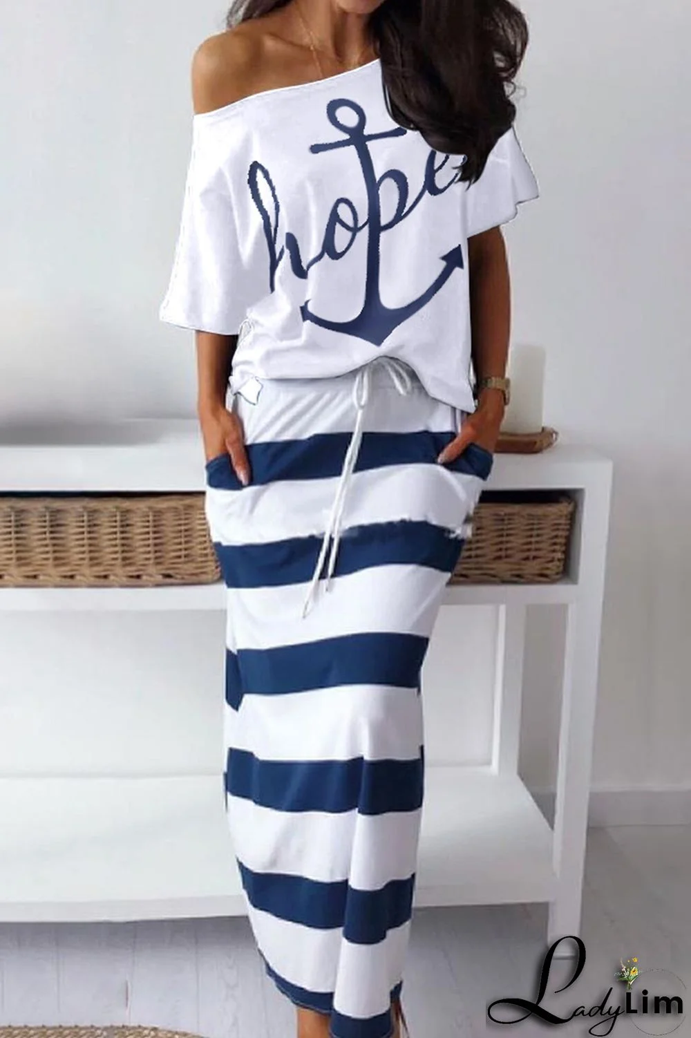 White Fashion Casual Print Basic Oblique Collar Half Sleeve Two Pieces