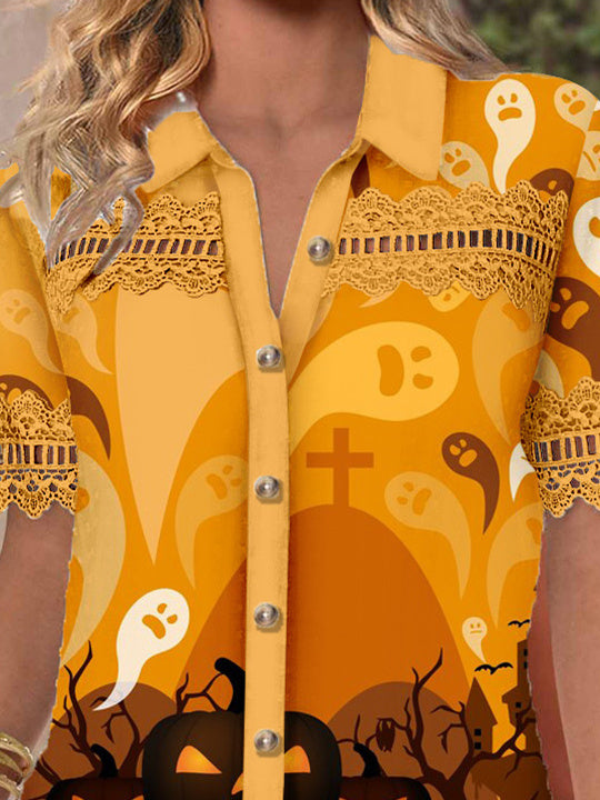 Women Short Sleeve V-neck Skull Printed Graphic Lace Hollow Stitching Button Tops