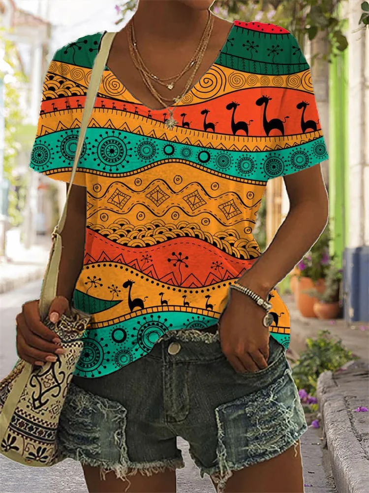 Africa Landscape Colorblock V Neck T Shirt