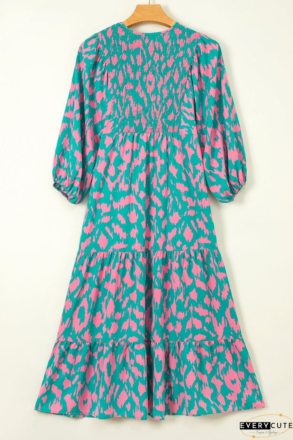 Green Abstract Print Puff Sleeve Tied Notched Neck Long Dress