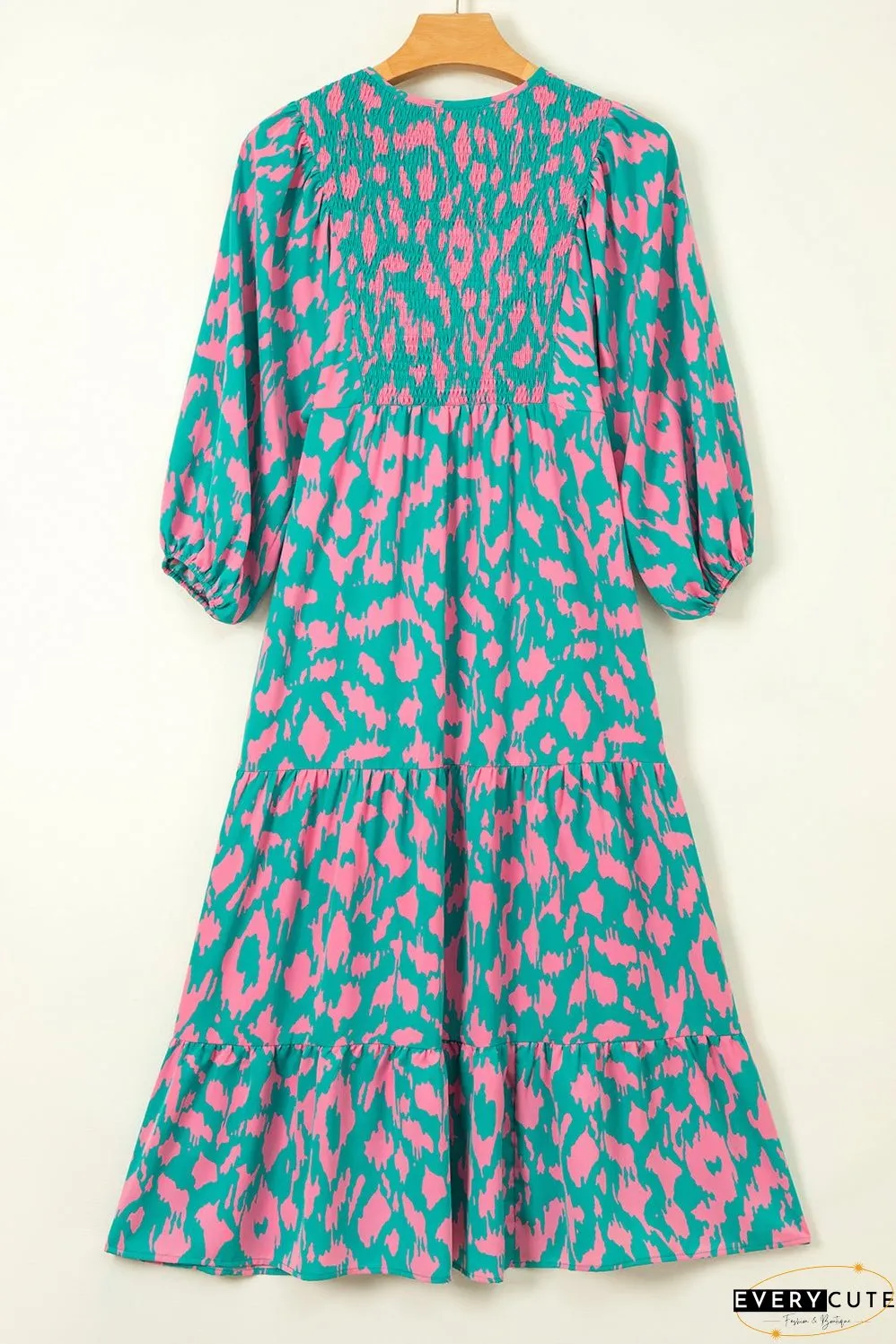 Green Abstract Print Puff Sleeve Tied Notched Neck Long Dress