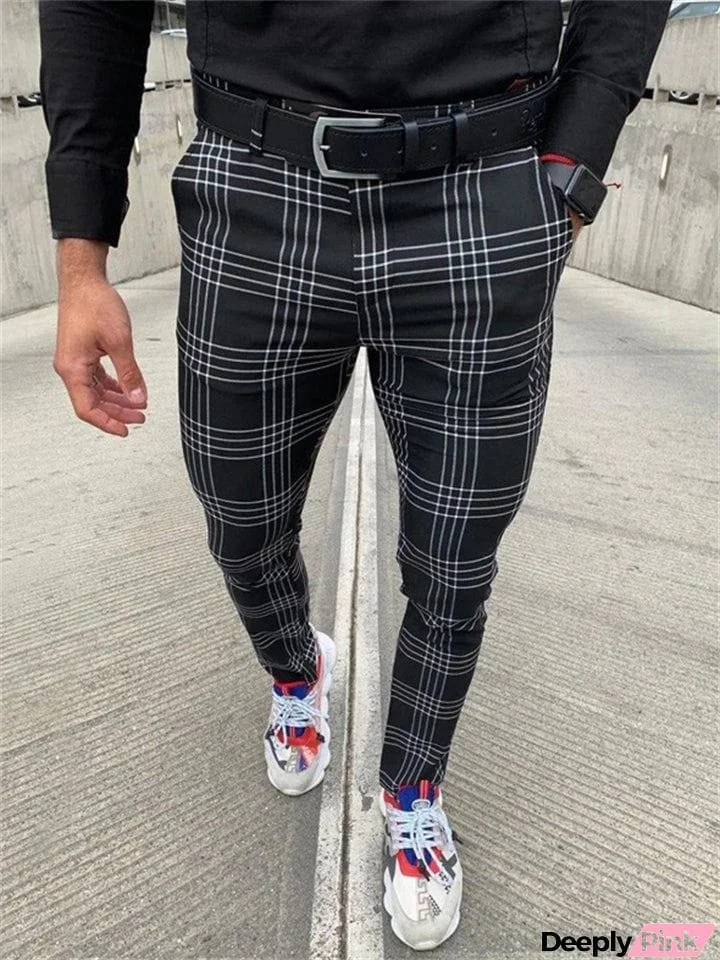 Men's Classic Plaid Skinny Pencil Pants with Pocket