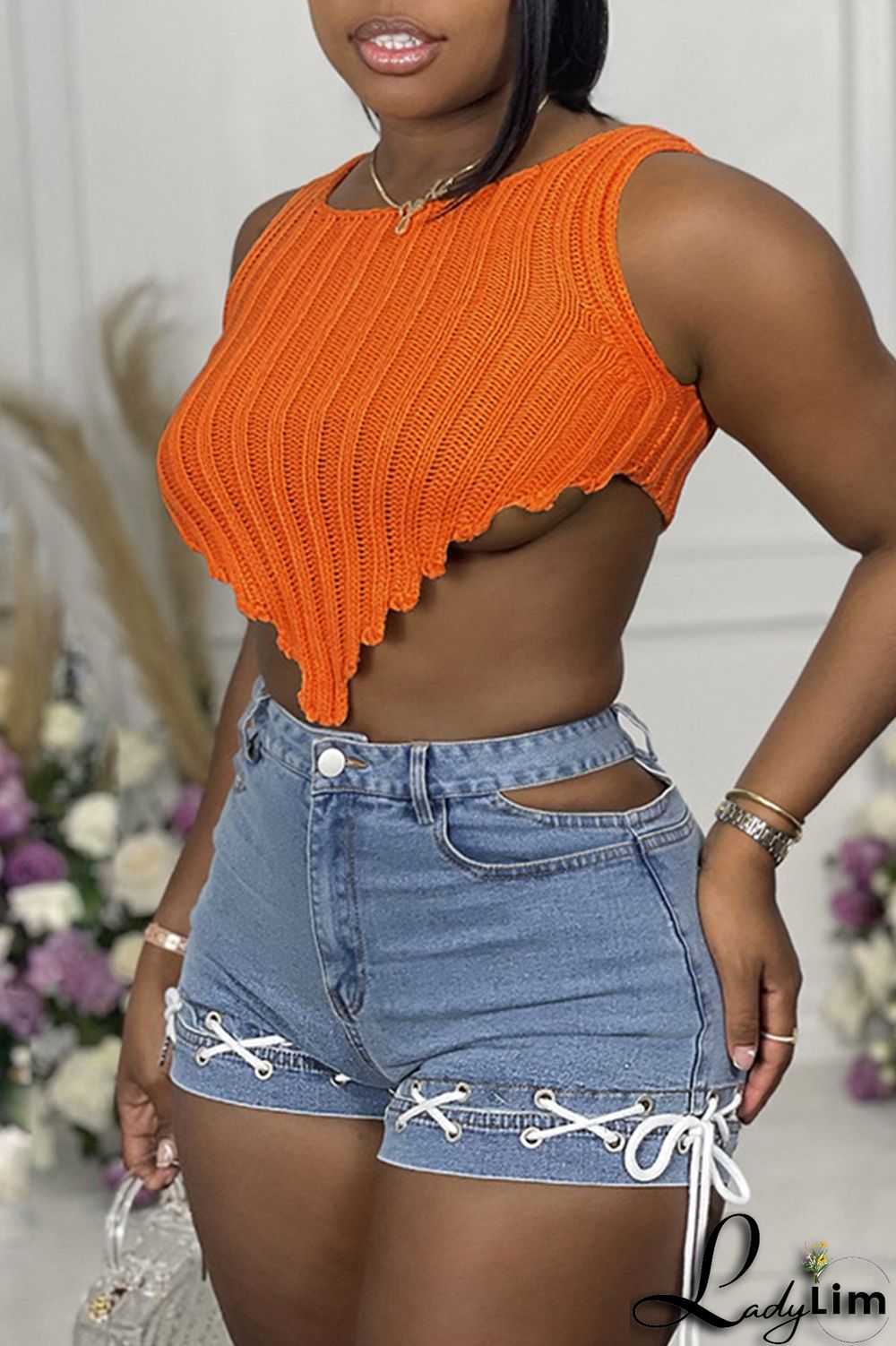 Orange Fashion Casual Solid Asymmetrical O Neck Tops
