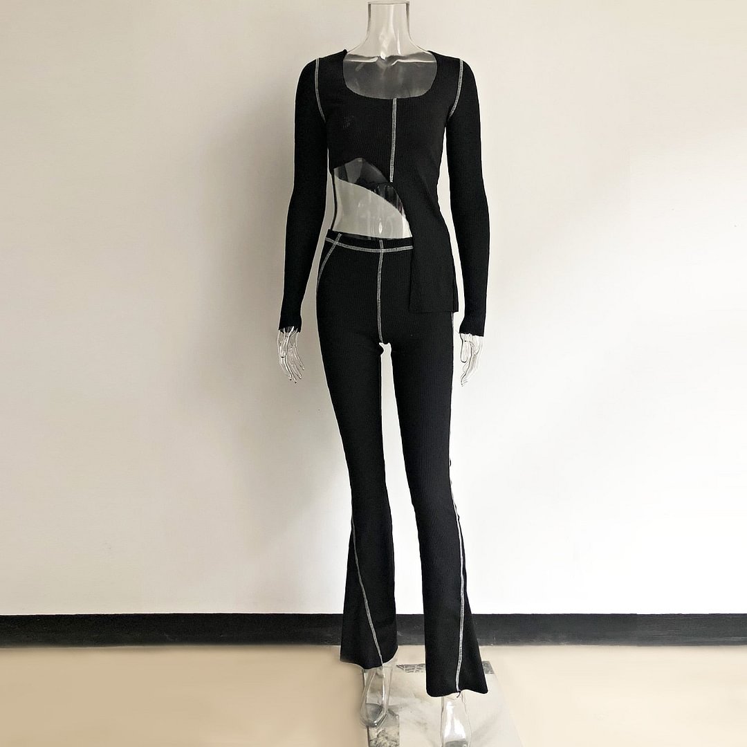 KGFIGU 2021 New Fall 2 Two Piece Set Women Ribbed Strapless Long Sleeve Tank Top And Matching Pants Sexy Autumn Thick Tracksuit