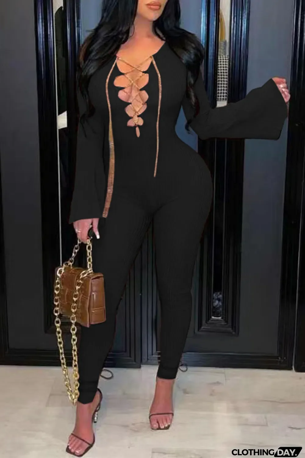 Burgundy Sexy Solid Hollowed Out V Neck Boot Cut Jumpsuits