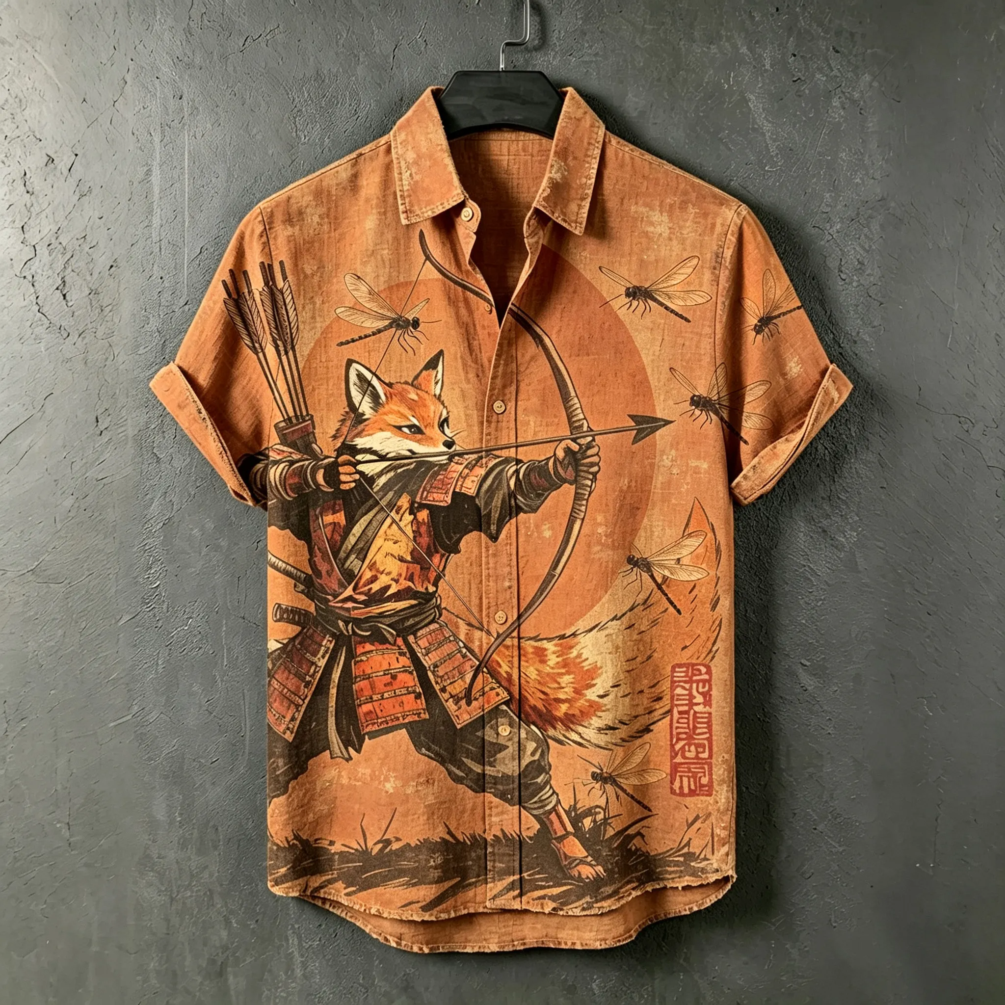 Comstylish Men's Retro Fox Samurai Japanese Kyudo Art Short-sleeve Cotton Linen Shirt