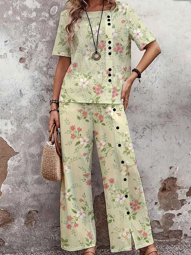 Women's Elegant Rose Floral Print Top and Pants Suit
