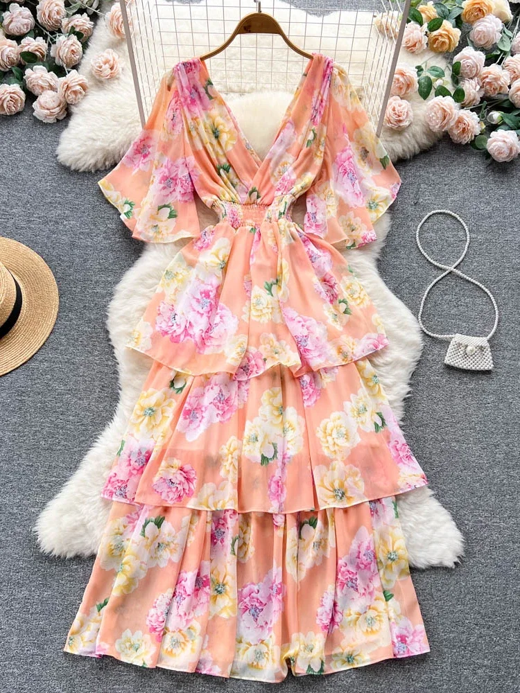 Dubeyi Women Summer Dress New Style Gentle Style Short Sleeve V-neck Printed Waist Closing Cake Dress Sweet Fairy Vestidos D2548