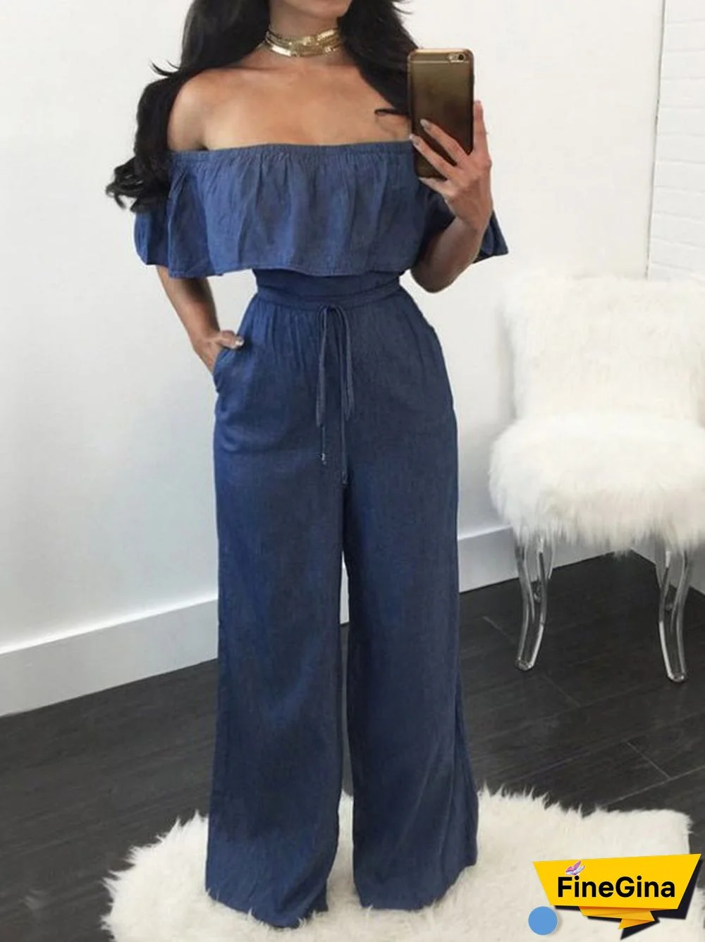 Women'S Jumpsuits One-Shoulder Ruffled Lace-Up Denim Jumpsuit