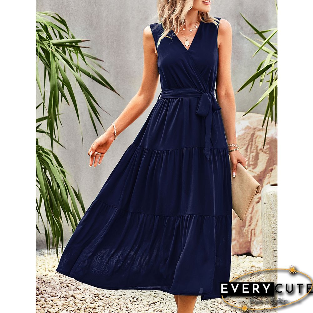 Navy Blue V Neck Sleeveless Tie Waist Midi Dress