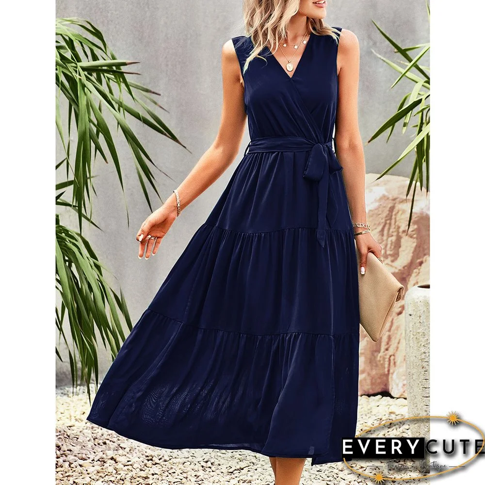 Navy Blue V Neck Sleeveless Tie Waist Midi Dress