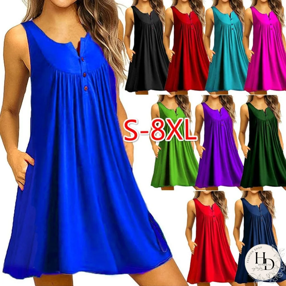 New Women Summer Casual Tunic Tank Top Dress Loose Beach Wear Sexy V-neck Off Shoulder Party Dresses Sleeveless A-line Ruffles Pockets T-Shirt Dresses Ladies Fashion Cotton Solid Color Button Plus Size Dress