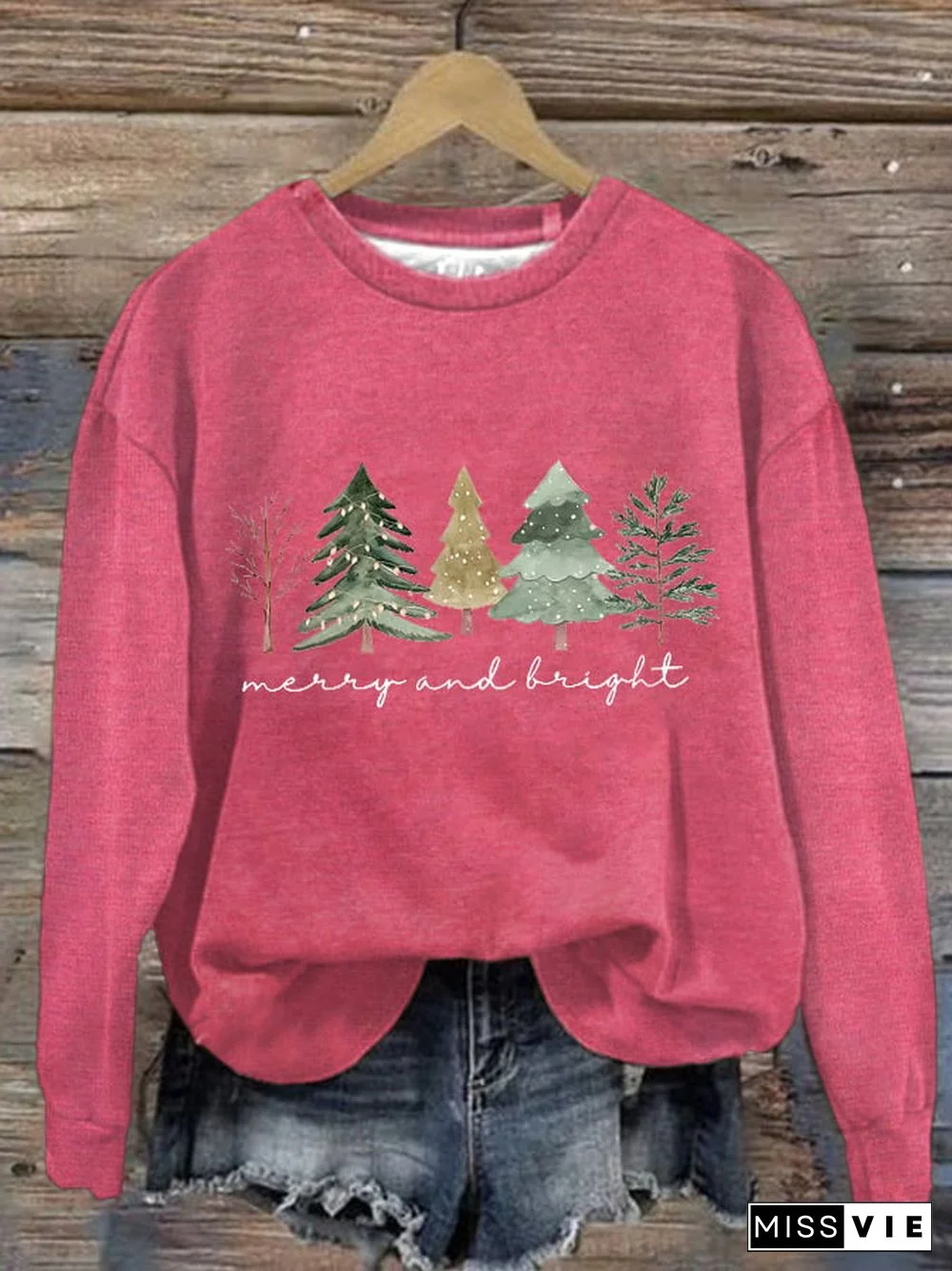 Women's Casual Merry And Bright Print Long Sleeve Sweatshirt