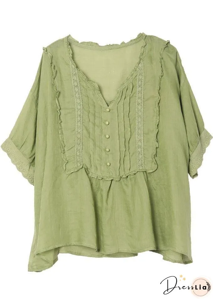 Stylish Green Wrinkled Button Summer Linen Shirt Half Sleeve