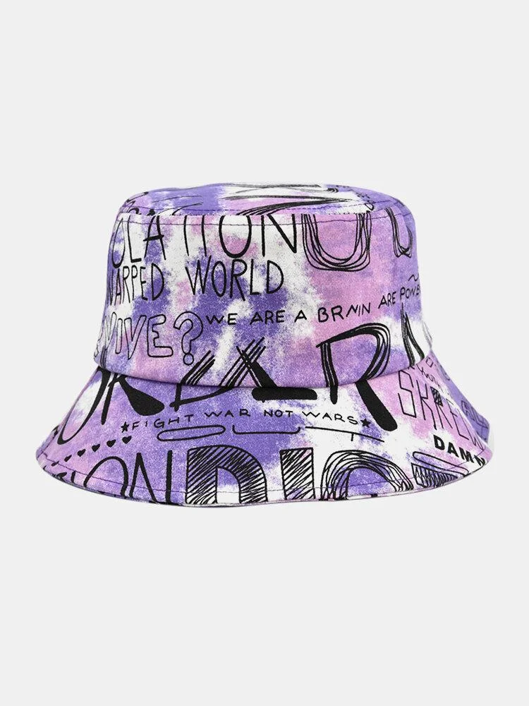 Unisex Cotton Tie-dye Letter Graffiti Painted Pattern Printing Big Brim Sunshade Bucket Hat