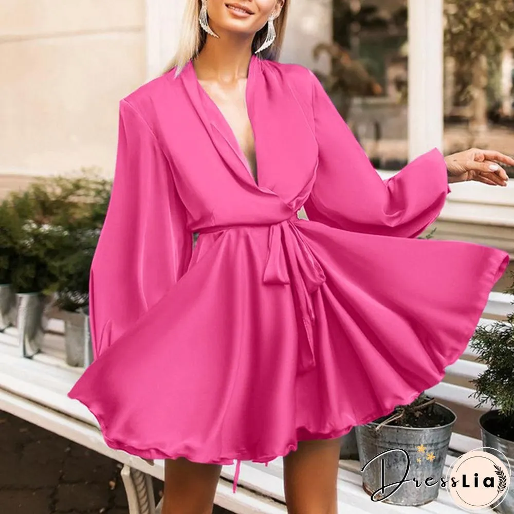 Autumn Women Lantern Long Sleeve Mini Dress Neck Party Casual Swing Wrap Line Plus Size