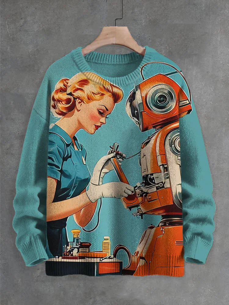 Men's Vintage Repairman Robot Print Knit Sweatshirt