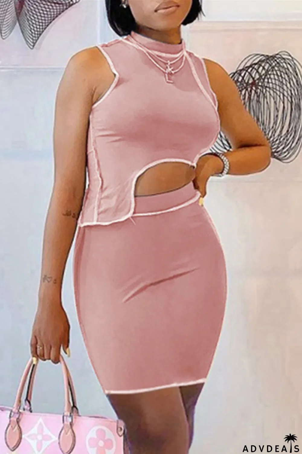 Orange Sexy Casual Solid Split Joint Asymmetrical Half A Turtleneck Sleeveless Two Pieces