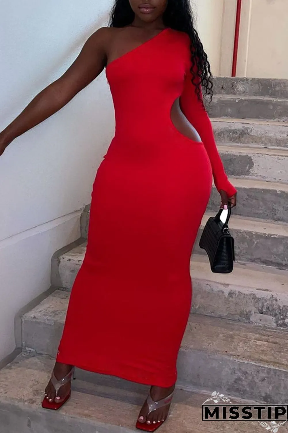 Black Sexy Casual Solid Hollowed Out Oblique Collar Long Sleeve Dresses