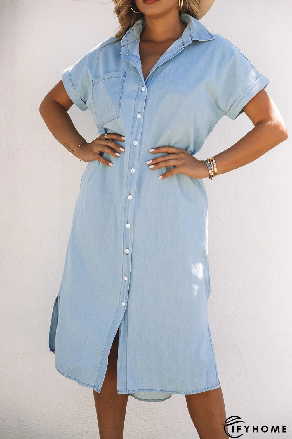 Sky Blue Chambray Shirt Short Sleeves Midi Dress | IFYHOME